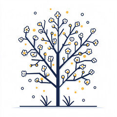 A stylized tree illustration with white flowers, yellow dots, and dark branches, symbolizing nature and renewal.