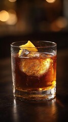 Elegant Whiskey Cocktail with Ice Sphere and Orange Peel Garnish on Dark Bar Background Perfect for Cocktail Enthusiasts and Whiskey Lovers