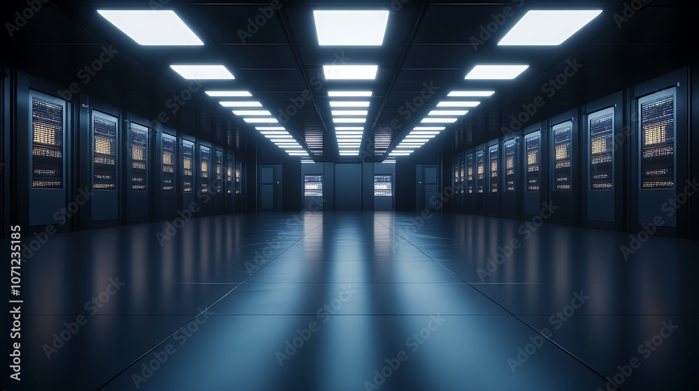 Poster A high-tech server room with illuminated panels and sleek design, showcasing rows of servers in a futuristic setting.