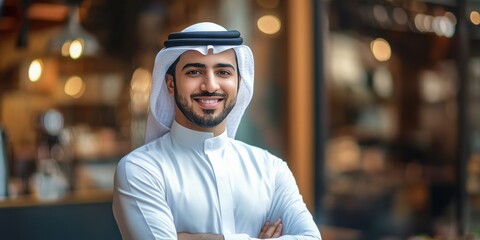 Obraz premium Confident Young Arab Man Smiling in Traditional Attire at a Modern Cafe