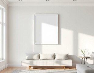 Fototapeta premium Stylish living room with blank vertical frame mockup above light-colored sofa