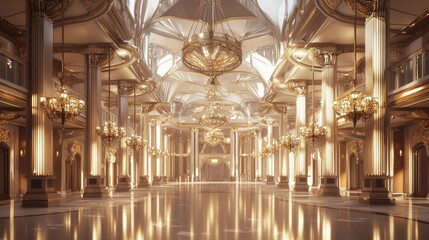 Fototapeta premium Victorian Steampunk Ballroom Extravaganza - Ultra-Detailed 3D Render with Elegant Figures and Clockwork Chandeliers