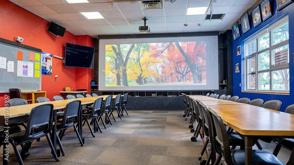 Aufkleber This bright classroom features a large projector screen displaying colorful autumn trees.