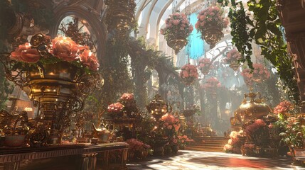 Enchanting Steampunk Tea Party Gathering | Whimsical 3D Render of Vintage Teapots and Mechanical Florals