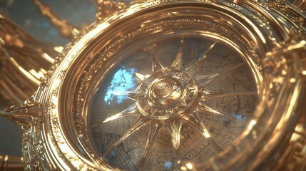 Fototapeta premium Steampunk Brass Compass on Vintage Map - Ultra-Detailed 3D Render Digital Artwork