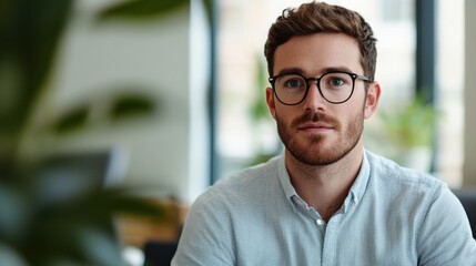 Naklejka premium Young Man with Glasses Sitting Indoors Looking Attentive