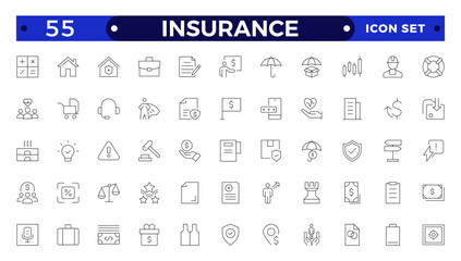 Insurance Outline icons set. Life, medical, car, travel, house, healthcare, money and social insurance, education, insurance, law, government  thin line icon pack. Outline icons collection.