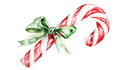 Whimsical watercolor candy cane with green bow detail
