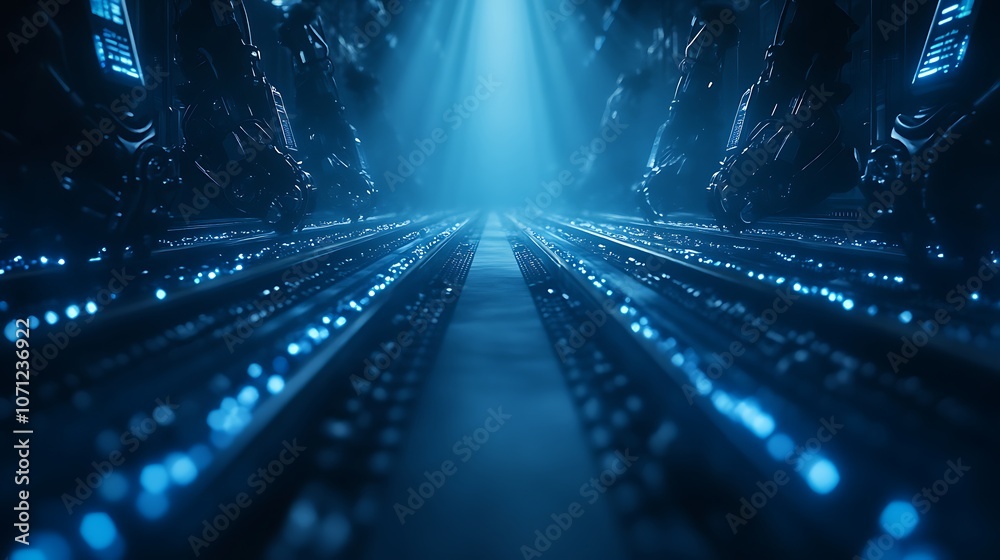 Poster a captivating view of a futuristic corridor filled with glowing blue lights, leading into a mysterio