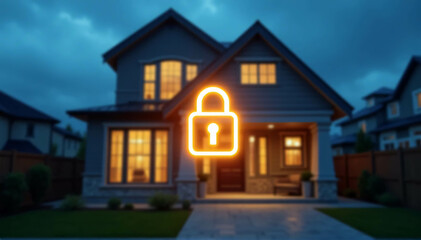 A modern smart home with a glowing padlock and shield overlaid on it symbolizes a safe and secure home. 
