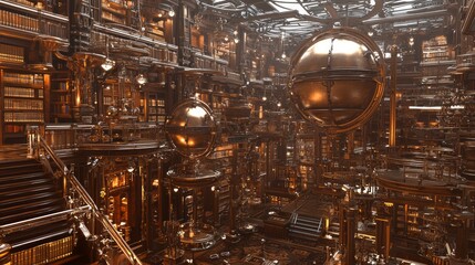 Enigmatic Steampunk Library: A Digital Art featuring Towering Bookshelves, Intricate Globes, and Mechanical Devices in Cozy Atmosphere of Discovery