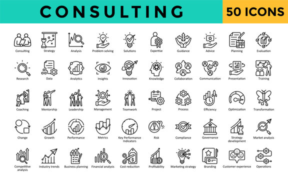 Consulting icons set with consulting, strategy, analysis, problem solving, solutions, expertise, guidance, advice, planning, evaluation icon. Simple line vector 
