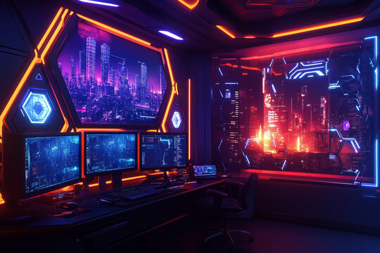 A vibrant gaming setup with hexagonal wall panels and multiple neon-lit monitors