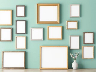 A mockup of a gallery wall filled with various photo frames in different sizes and styles, frame collection, photo frame