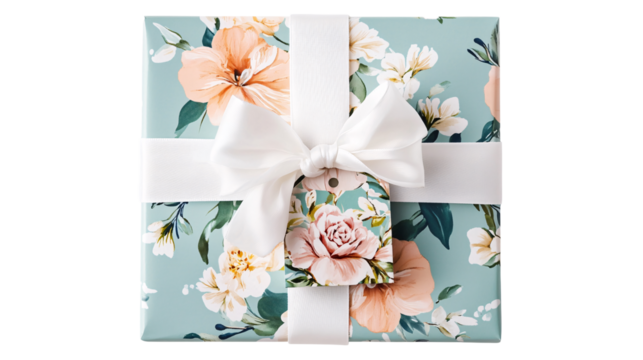 Brightly wrapped pastel gift box with floral design