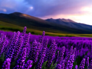 Obraz premium A field of purple flowers with mountains in the background