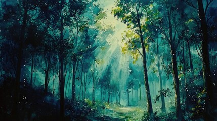 Sunlight beams through a lush green forest.