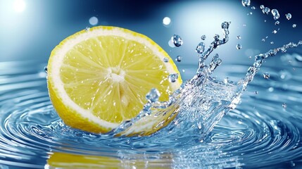Fresh lemon in motion, dramatic water splash, moody lighting