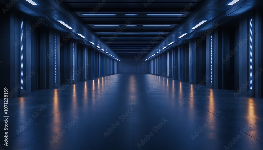 Poster a futuristic corridor illuminated by blue lights, featuring sleek walls and a reflective floor, crea