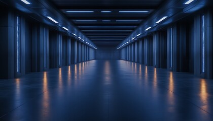 Fototapeta premium A futuristic corridor illuminated by blue lights, featuring sleek walls and a reflective floor, creating a high-tech, ambient atmosphere.