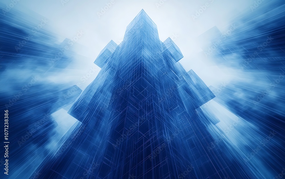 Aufkleber A striking abstract representation of a pyramid-like structure in blue hues, emanating a digital, otherworldly atmosphere.
