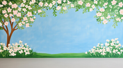 Blossom Tree and Daisies Spring Scene