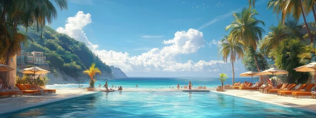 Naklejka premium Beach resort, Beach images, Relaxing Beach Hammocks Under Palm Trees with Ocean View