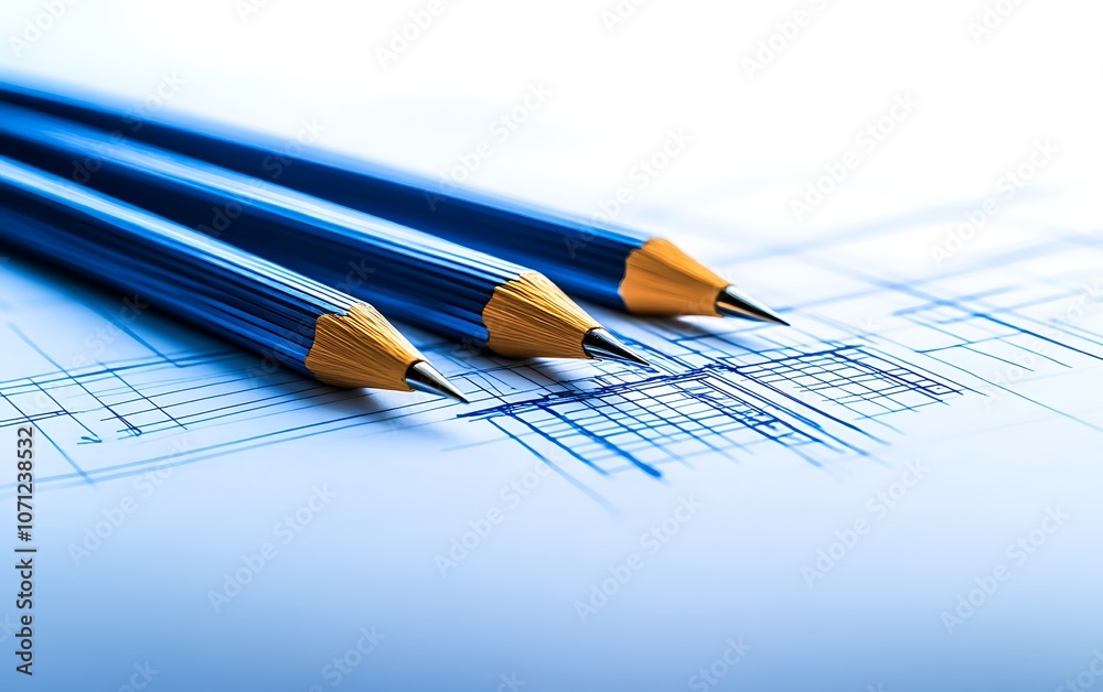 Aufkleber a close-up view of three blue mechanical pencils resting on a technical drawing, showcasing precisio