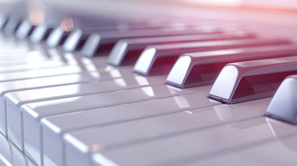 Close-up shot of a piano keyboard with a soft, warm glow. The white keys are shiny and reflective, creating a sense of elegance.