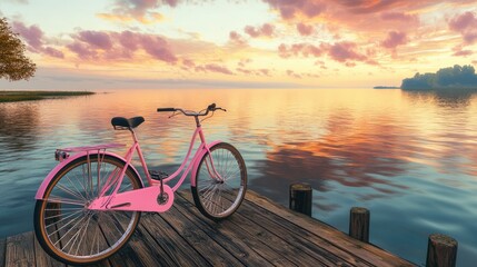 Obraz premium Serene Sunset with Pink Bicycle by the Water