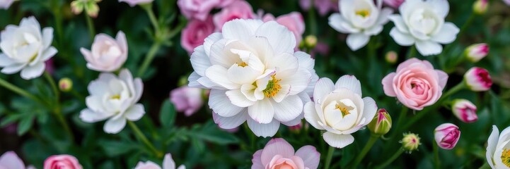Close-up of delicate pink and white ranunculus flowers in full bloom, spring, beauty