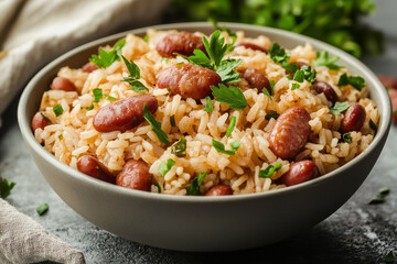 A bowl of red beans and rice with sausage served on a rustic wooden table