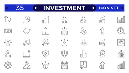 Investment outline icon set. Containing investor, mutual fund, asset, risk management, economy, financial gain, interest and stock icons. Stockbroker,  investor, private equity, angel investing.