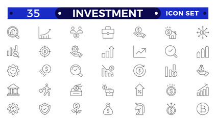 Investment outline icon set. Containing investor, mutual fund, asset, risk management, economy, financial gain, interest and stock icons. Stockbroker,  investor, private equity, angel investing.