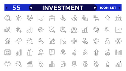 Investment outline icon set. Containing investor, mutual fund, asset, risk management, economy, financial gain, interest and stock icons. Stockbroker,  investor, private equity, angel investing.