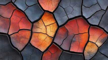 Abstract cracked texture with red, orange, yellow and black colors.