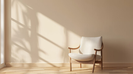 A comfortable white armchair with wooden legs sits in a minimalist living room with soft, natural light streaming through the window.