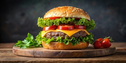 Homemade burger patty with lettuce, tomatoes, and cheese grilled to perfection , grilled, homemade, burger patty, lettuce, tomatoes