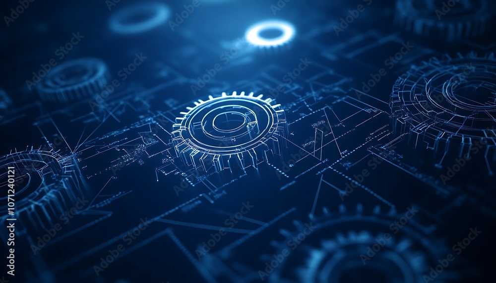 Poster A digital abstract image featuring interconnected circular patterns with glowing elements set against a deep blue background.