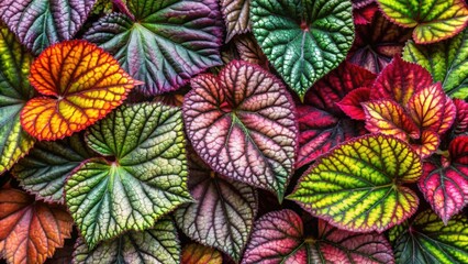 Naklejka premium Colorful begonia rex leaves in a top view pattern, begonia, rex, leaves, colorful, vibrant, pattern, top view, tropical