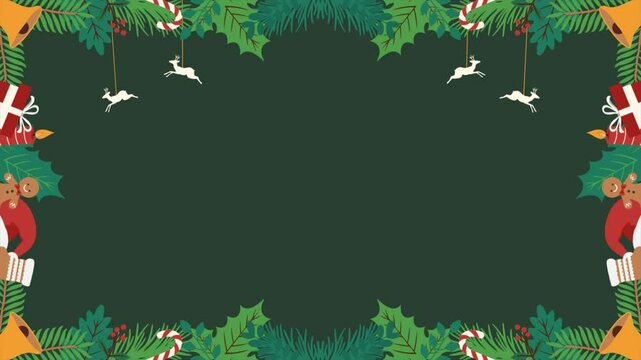 Christmas animation with socks, holy, bell, gift, candle, gingerbread, leaves frame on green background. The blank space in the center of the frame