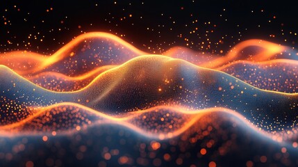 Fototapeta premium Abstract glowing waves of particles with orange and blue colors against a black background.