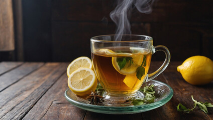 Steaming cup of herbal tea in a glass mug with a slice of lemon, creating a cozy, refreshing scene on a wooden table.