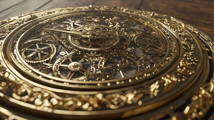 Obraz premium Mechanical Marvels: Steampunk Clock Close-Up on Wooden Table