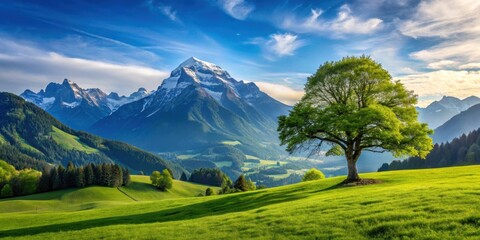 Idyllic landscape in the Alps with a single tree, lush green grass, and majestic mountains in Switzerland, Idyllic, landscape