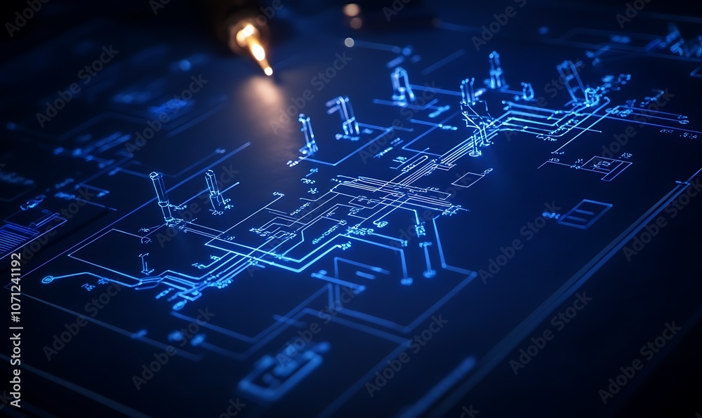 Poster a high-tech blueprint with glowing blue lines and circuit patterns, depicting intricate electronic d