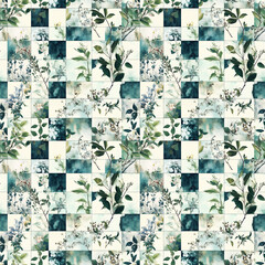 Naklejka premium Botanical patchwork design with floral and leaf patterns for interior decor - seamless pattern