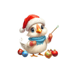 Obraz premium Cute Little Chick Wearing Santa Hat Holding Paintbrush with Christmas Ornaments