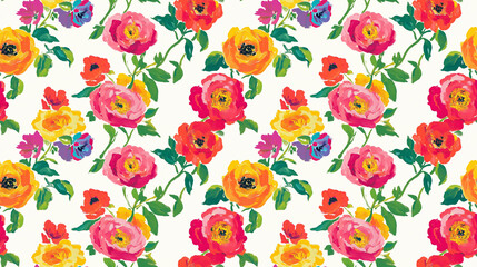 Colorful floral pattern with roses and leaves for textile and wallpaper design - seamless pattern