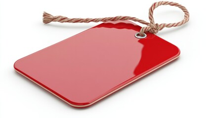 Fototapeta premium Glossy red tag with clean edges and a secure string tie, perfect for gifting, isolated on white